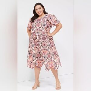 Lane Bryant "Charlotte " Cream Midi Dress with Pink & Coral Medallion Print